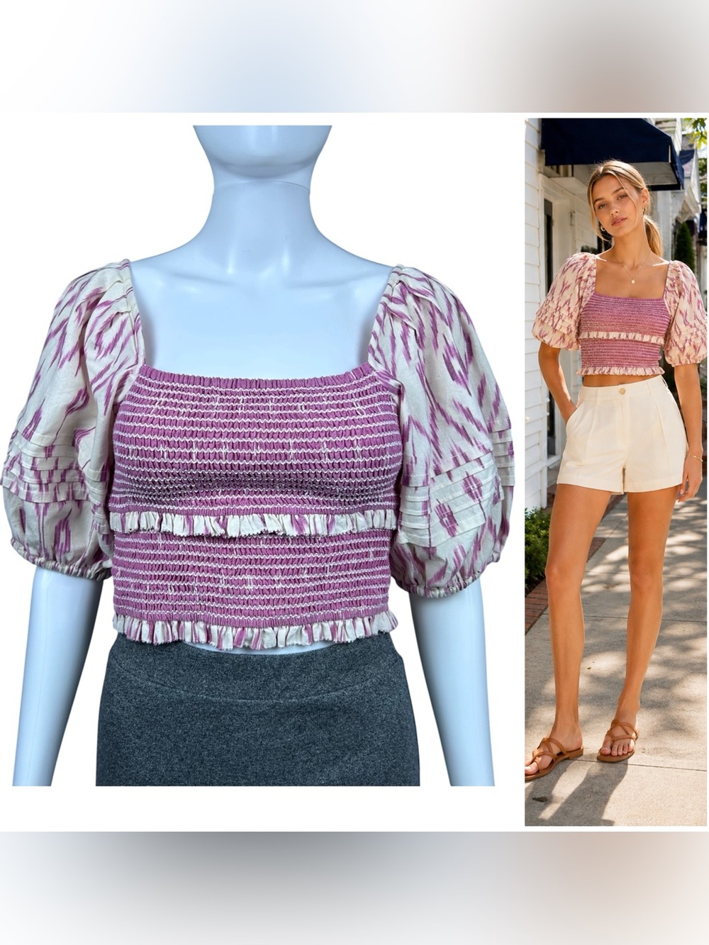 Saylor NYC Anthropologie Keka Ikat Print Puff Sleeve Top XS Smoked Ruffle Resort